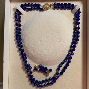 Two Strand Lapis/Gold Necklace and Marching Earrings